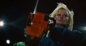 Laurene Langdon, Maniac Cop 2, woman waving chainsaw