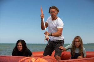 (L-R) Kimie Tsukakoshi as Michelle, Aaron Jakubenko as Charlie and Katrina Bowden as Kaz in the action-adventure/thriller, GREAT WHITE, an RLJE Films and Shudder release. Photo courtesy of RLJE Films and Shudder.