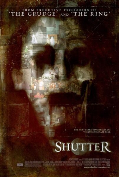 A ghostly face with grunge overlay with the text: Shutter underneath it for the films theatrical release poster.